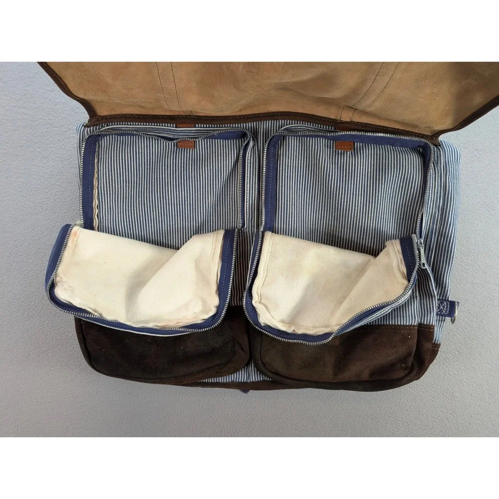 Vintage Hickory Stripe Canvas Suede Garment Travel Luggage Bag Blue White Brown